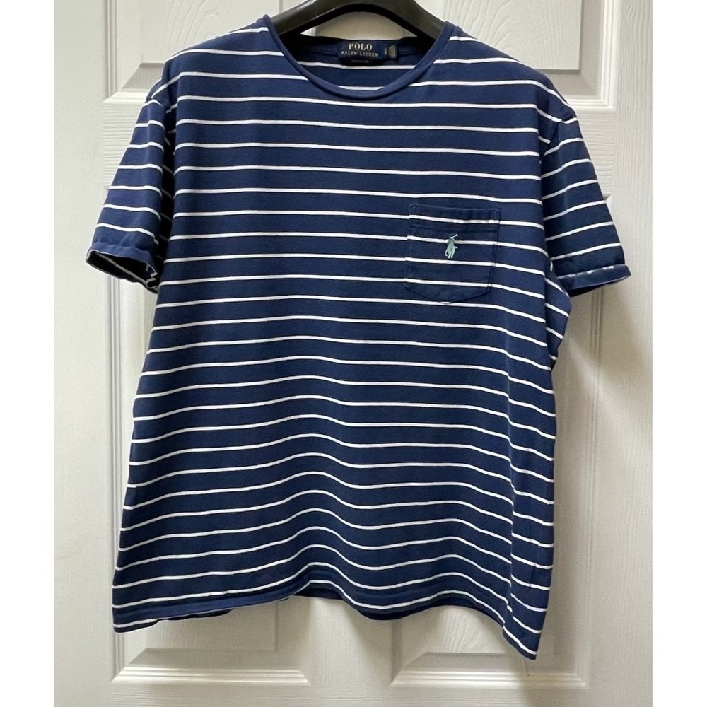 Polo Ralph Lauren Men's LG Navy/ White Striped White Pocket T-Shirt Pony Preppy - Picture 2 of 11